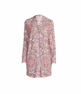Johnny Was Women's Neena Floral Print Notch Collar Knit Chest Pocket Long Sleeve Nightshirt?? Layered Hem Design