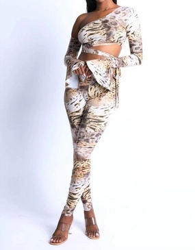 Softened Edges Adjustable drawstring Jungle Asymmetric Shoulder And Legging Set In Mix Animal