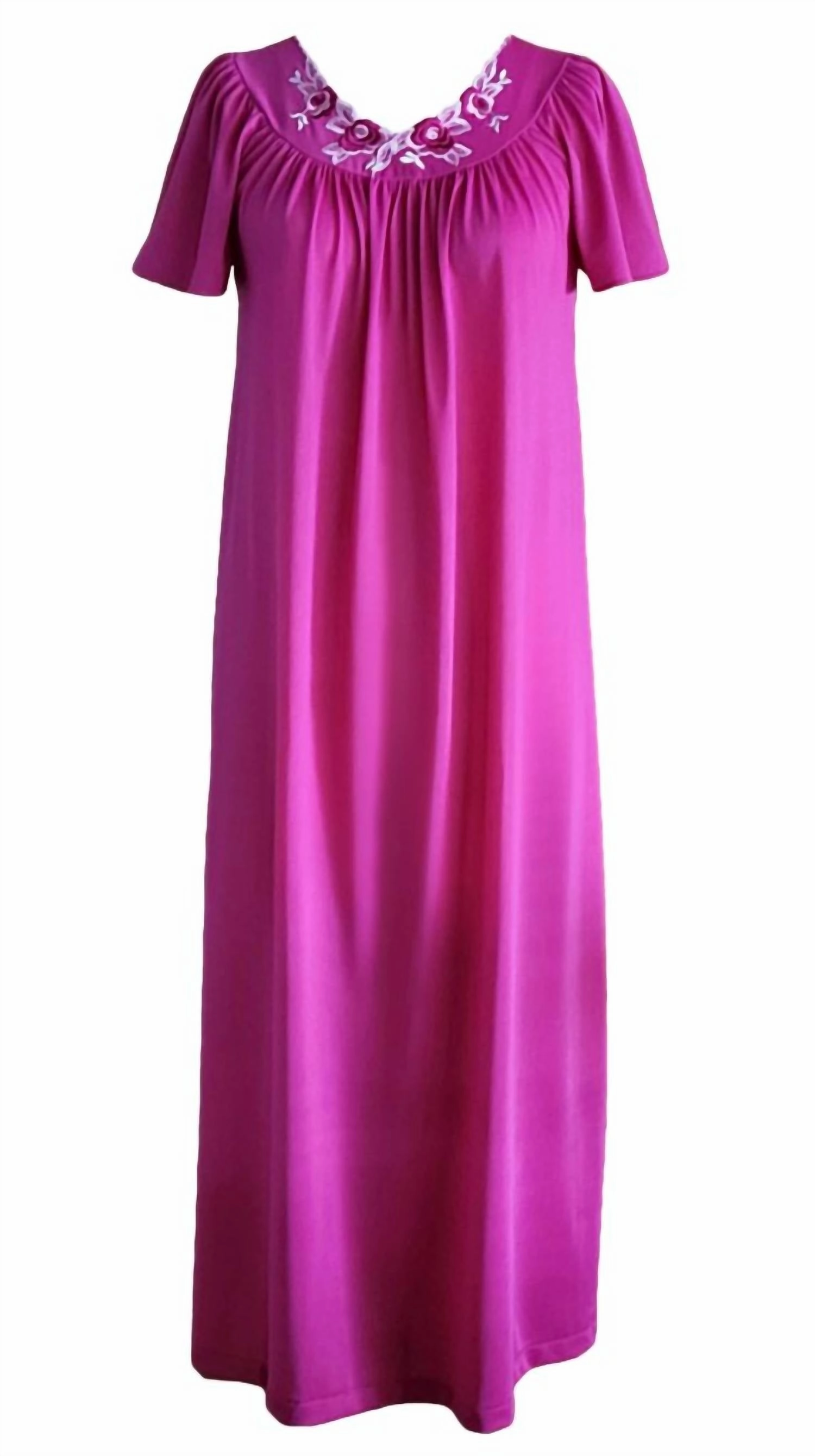 NonIrritating Seam Construction Women's Long Gown With Flower Petal Embroidery And Flutter Sleeves In Raspberry