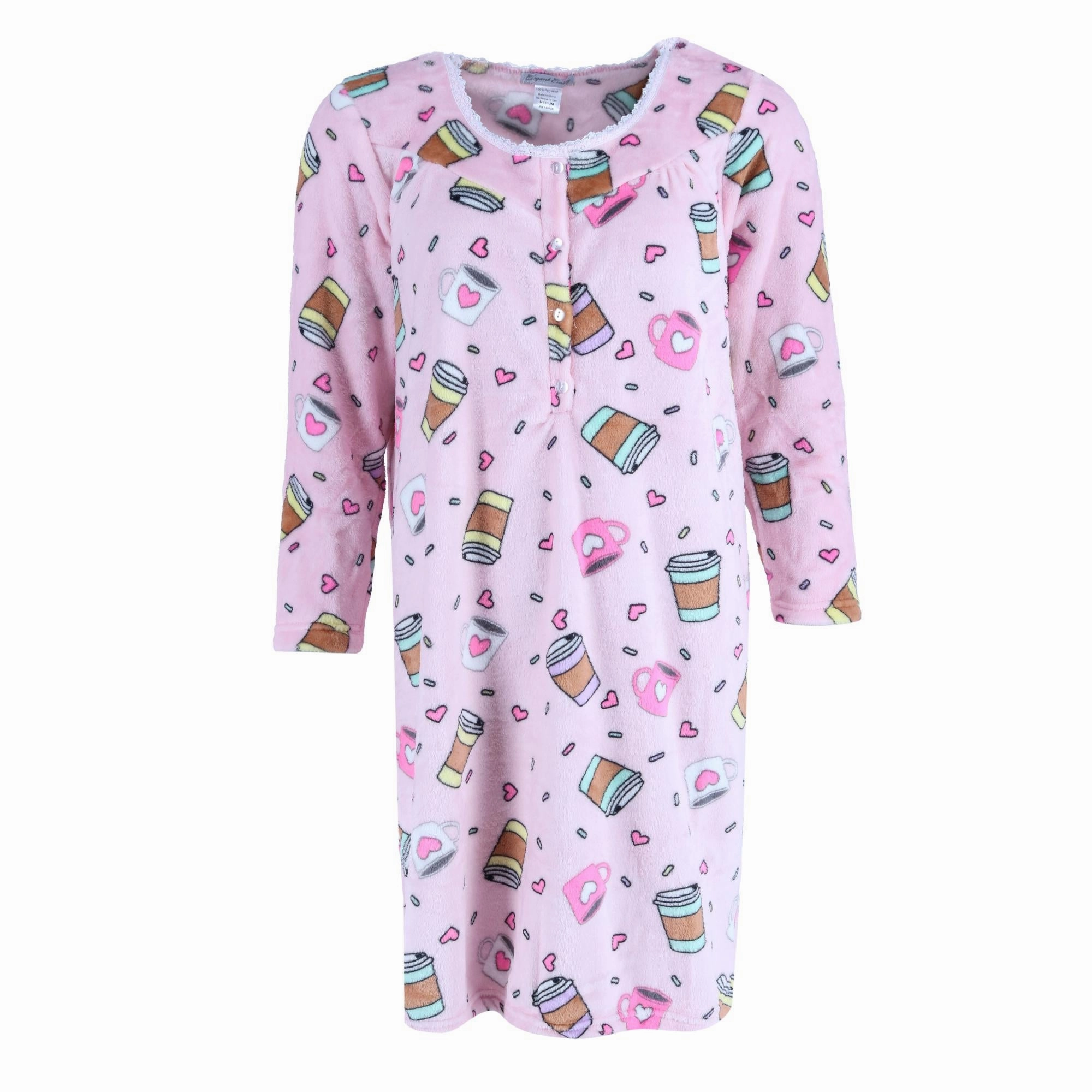 Women's Plush Coffee Print Sleep Gown Odor Control Technology