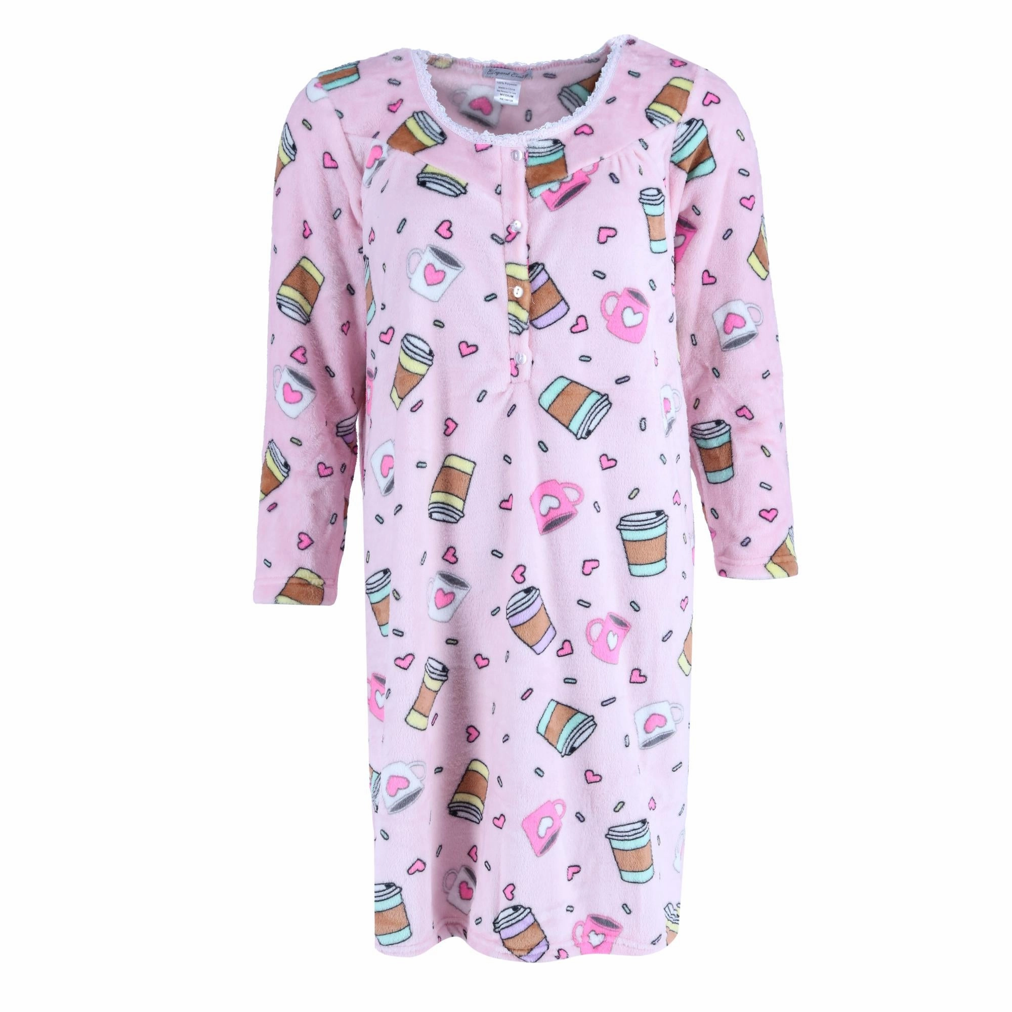 Flexible Ribbed Cuffs Women's Plush Coffee Print Sleep Gown
