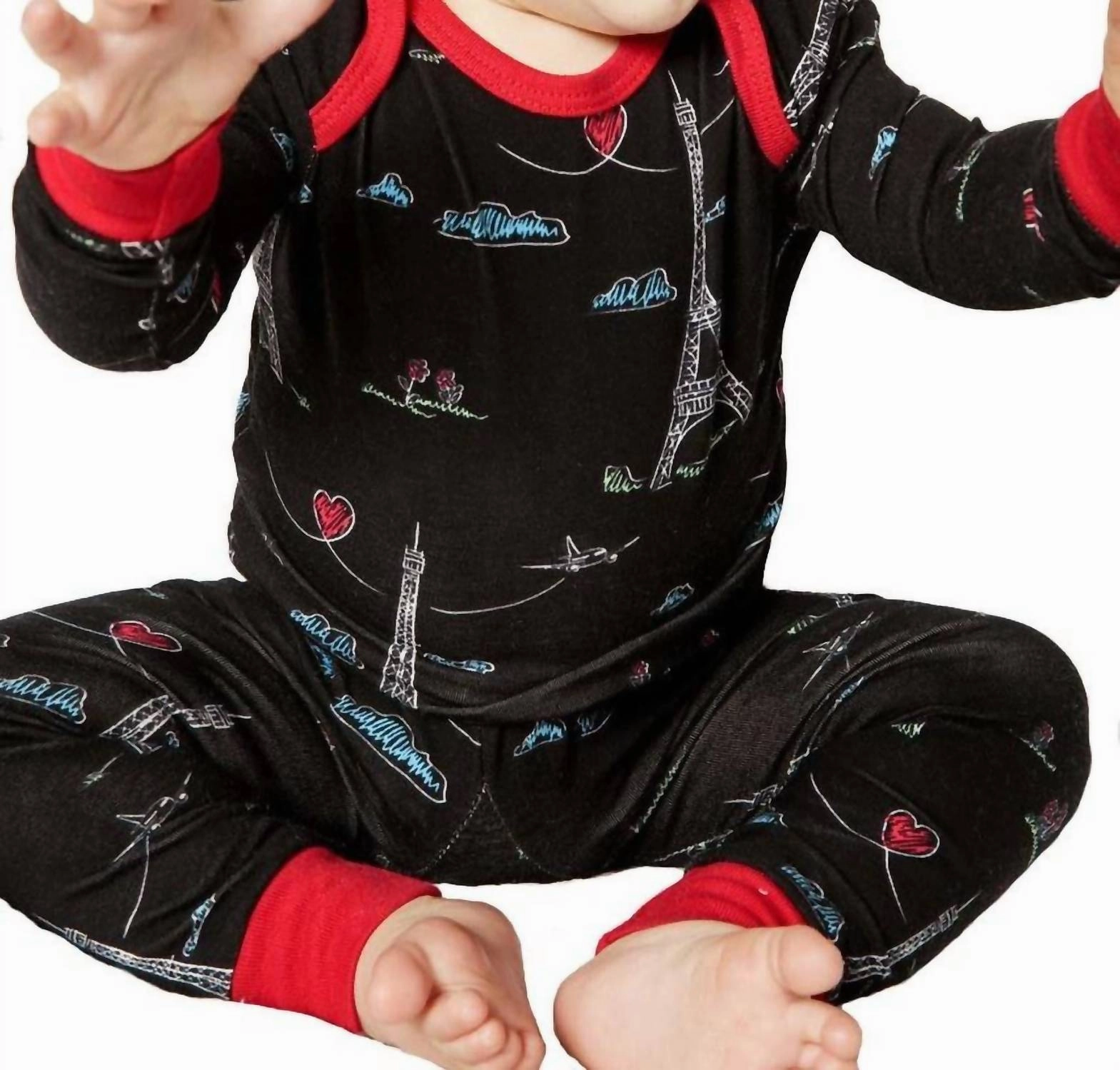 Kid's Sketched Eiffel Stretch "boo Boo" Pj Set In Black Non Binding Necklines ChafeResistant Fabric