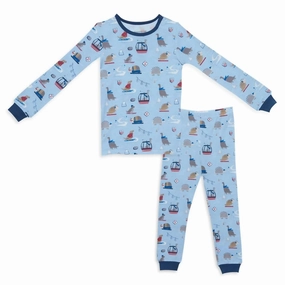 Organic Cotton Wide Leg Opening Design Kid's Ski Rex 2 Piece Toddler Pajama Set In Blue