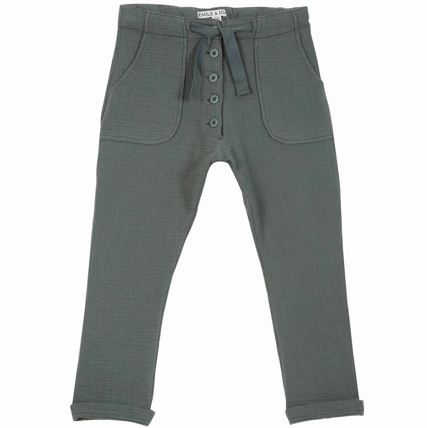Contoured Panel Design Kids Cotton Gauze Pants In Spinach