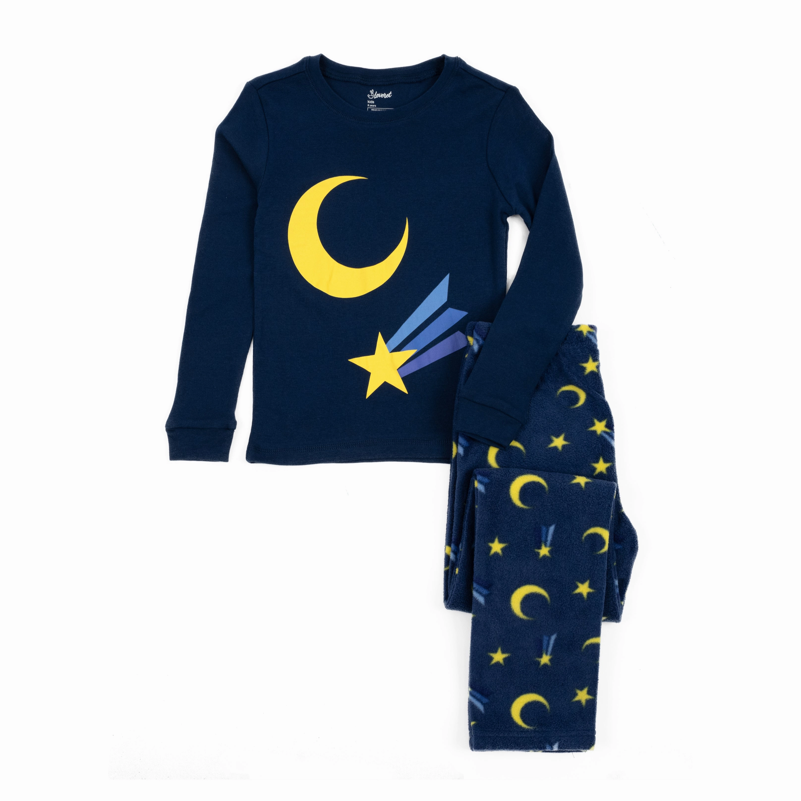 Textured Ribbed Collar Kids Cotton Top and Fleece Pants Pajamas Moon