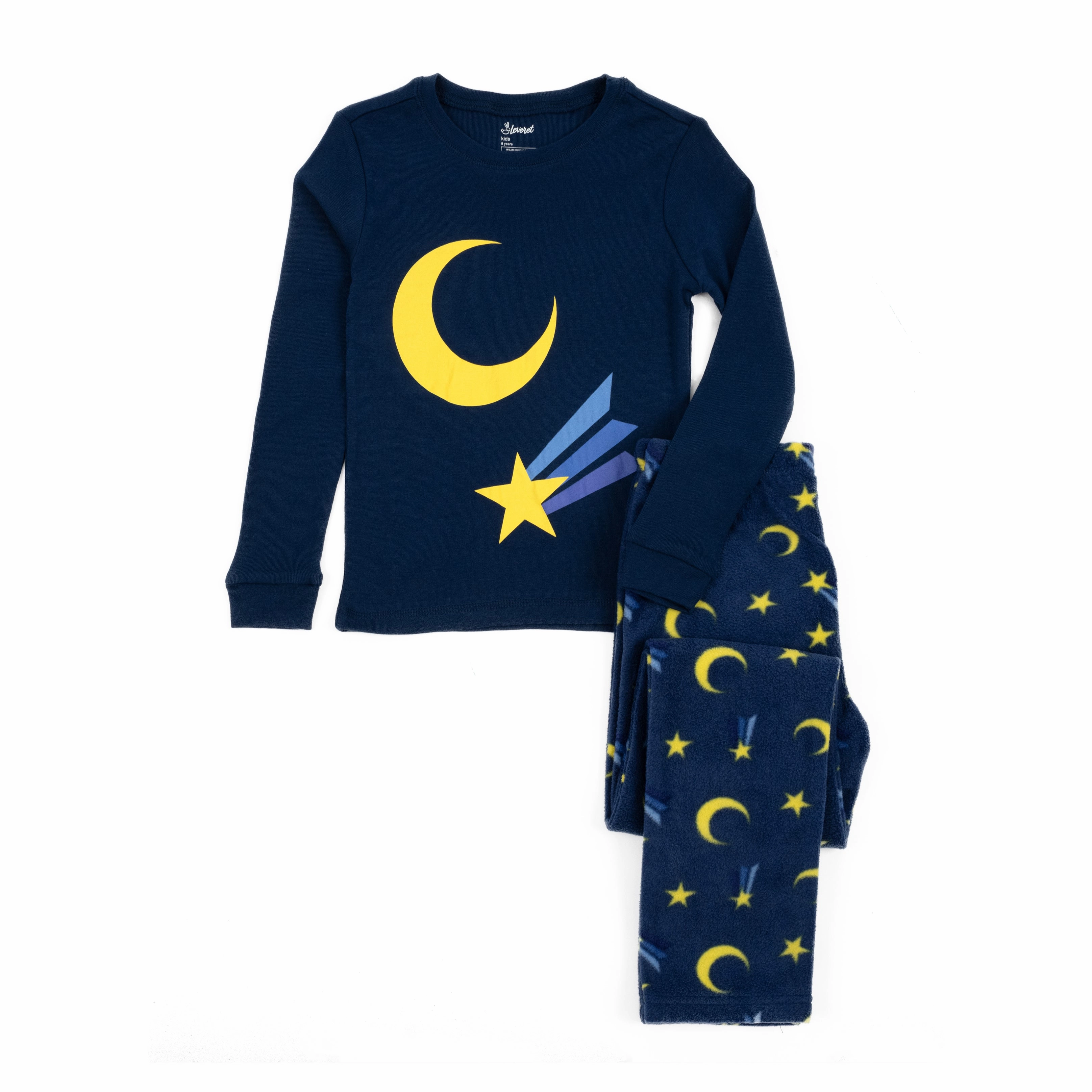 Kids Cotton Top and Fleece Pants Pajamas Moon Roomy Fit Cozy Feel