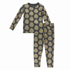 Kids Pants Long Sleeve Pajama Set In Pewter Pinecones Fade Resistant Dye Lightweight Construction