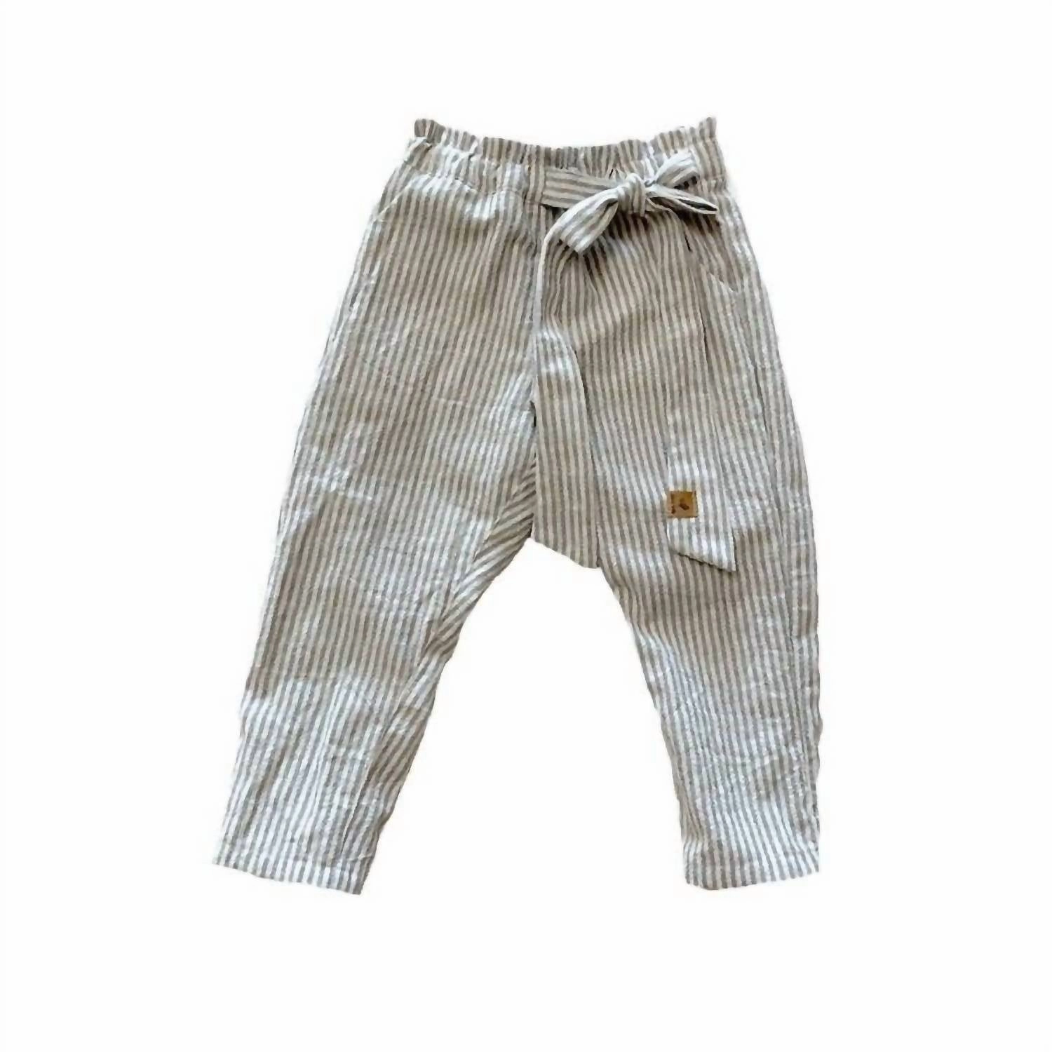 Kids Paper Bag Waist Pant With Tie In Steel Stripe Water Resistant Finish Anti Cling Finish
