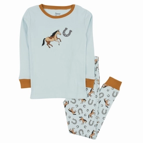 Versatile Layering Kids Two Piece Cotton Pajamas Blue Horse