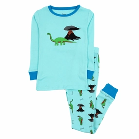 Kids Two Piece Cotton Pajamas Dinosaur Blue Double Stitched Edges Organic Cotton Blend