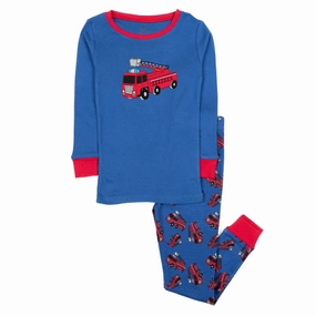 Kids Two Piece Cotton Pajamas Fire Truck Odor Control Treatment Lightweight Jersey Knit