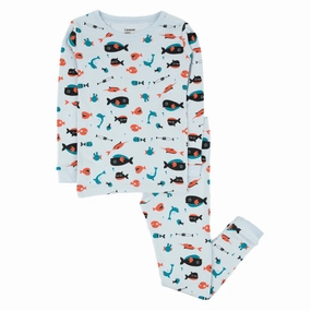 Kids Two Piece Cotton Pajamas Overall Sharks Adjustable Drawcord Hem Reinforced Neckline