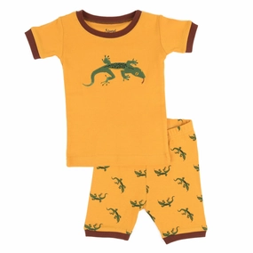 Breathable Knitwear Double Layered Collar Kids Two Piece Cotton Short Pajamas Lizard