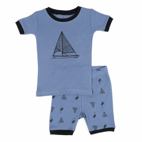 Kids Two Piece Cotton Short Pajamas Sailboat Ribbed Cuff Ankles Sustainable Material