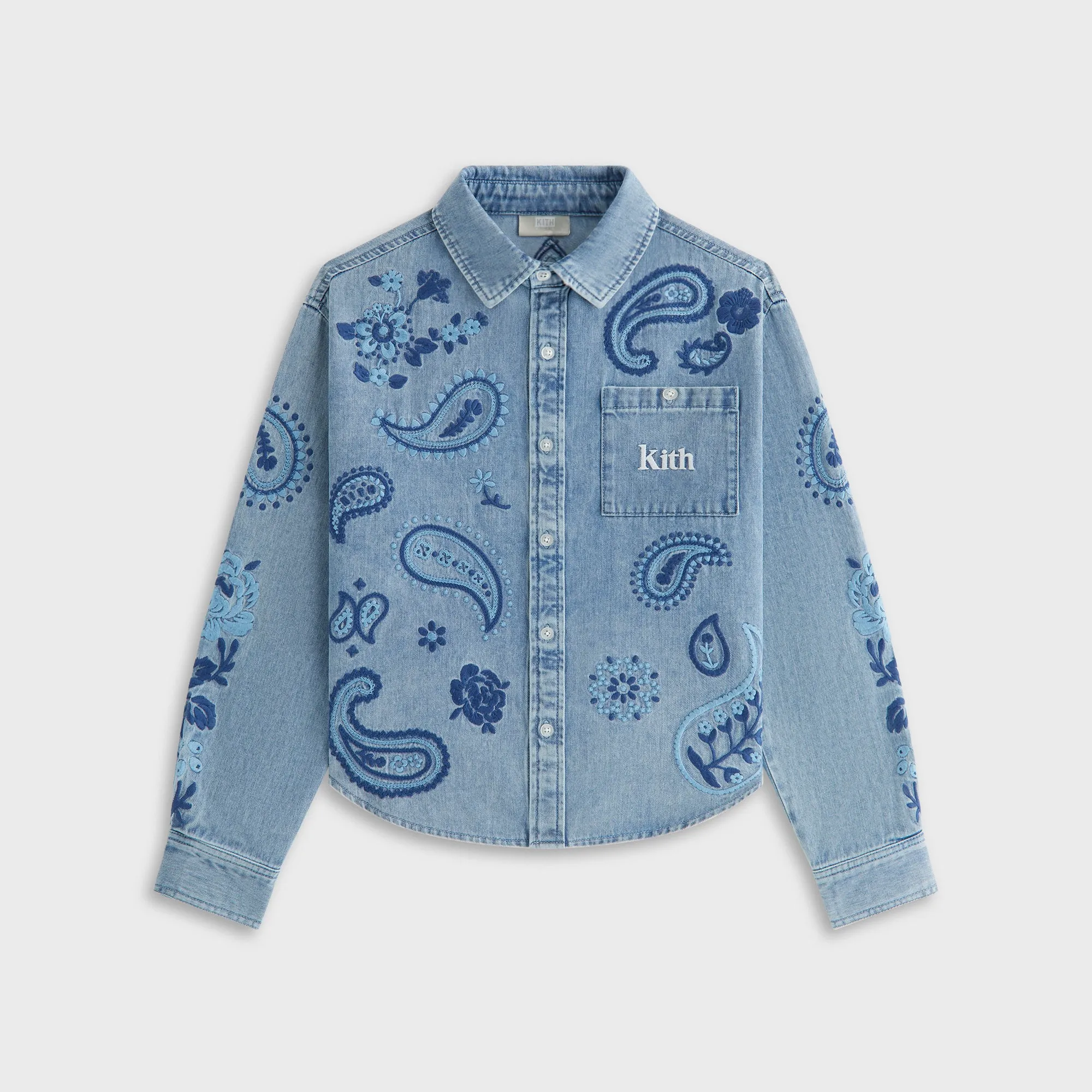 Current Style Athleisure Wear Kith Kids Floral Paisley Chambray Apollo Shirt - Kent Light Wash