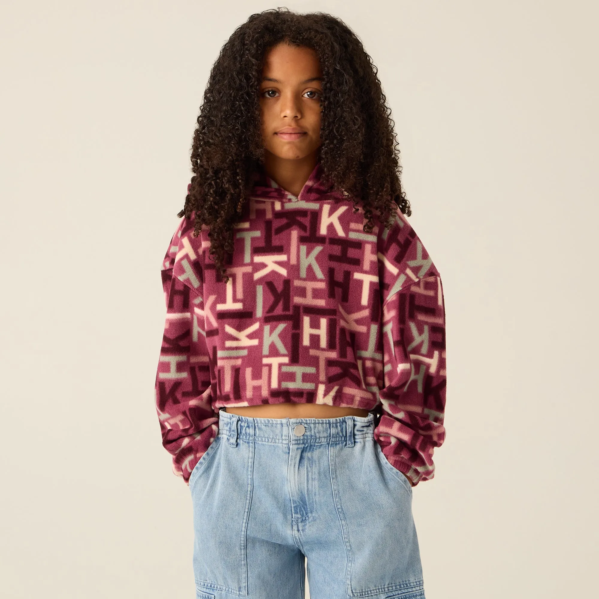 Fresh Sporty Light Warmth Kith Kids Monogram Polar Fleece Cropped Hoodie - Amaranth