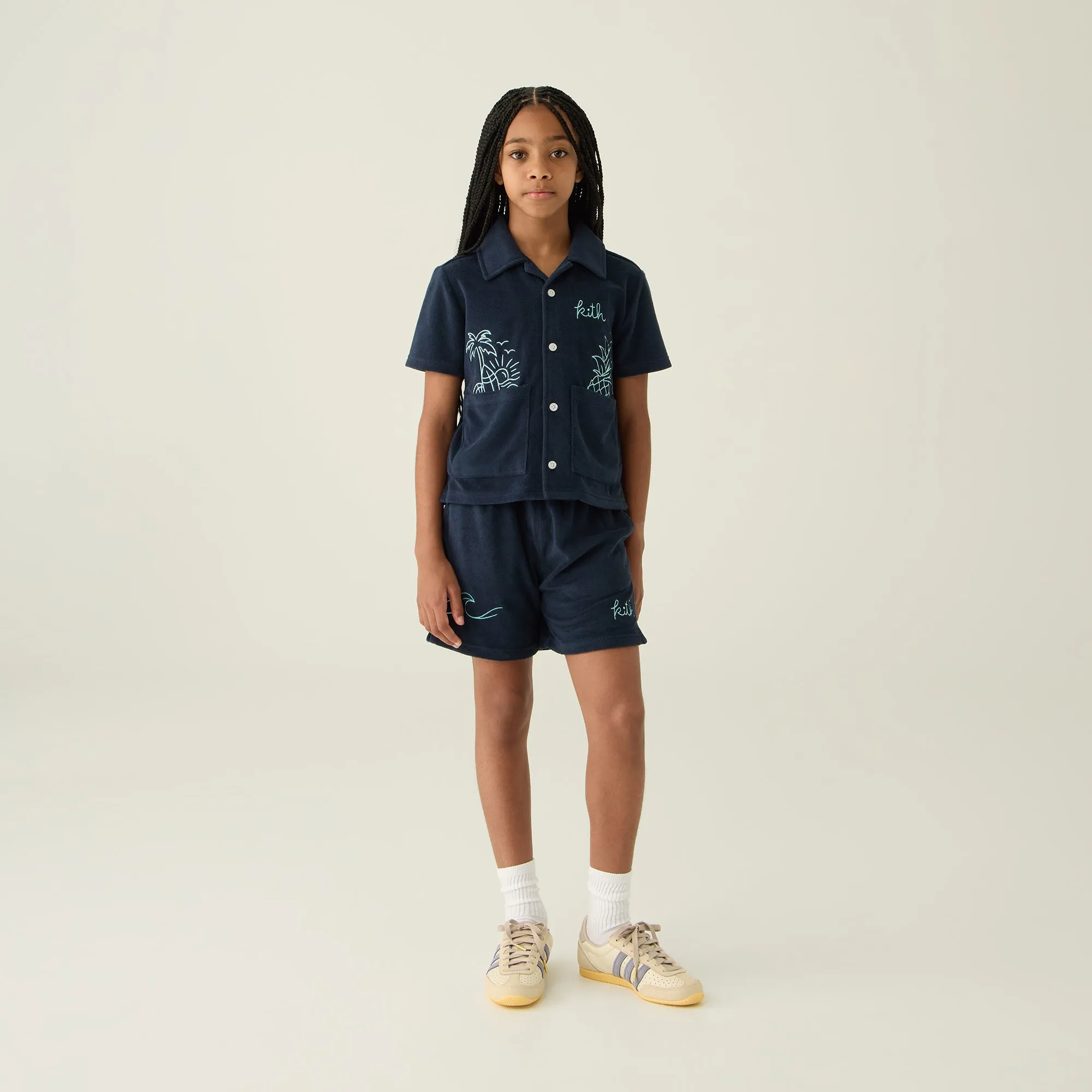 Temperature Regulating Neutral Toned Stitching Kith Kids Novelty Terry Camp Shirt - Nocturnal