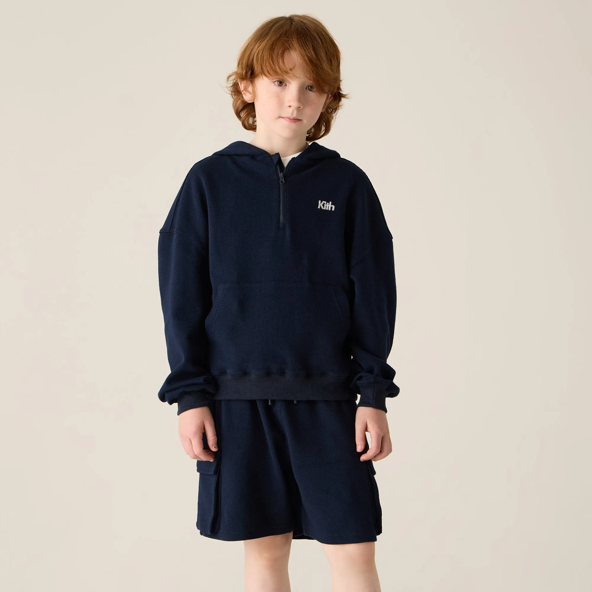 Monochrome Style Kith Kids Waffle Nelson Quarter Zip Hoodie - Nocturnal