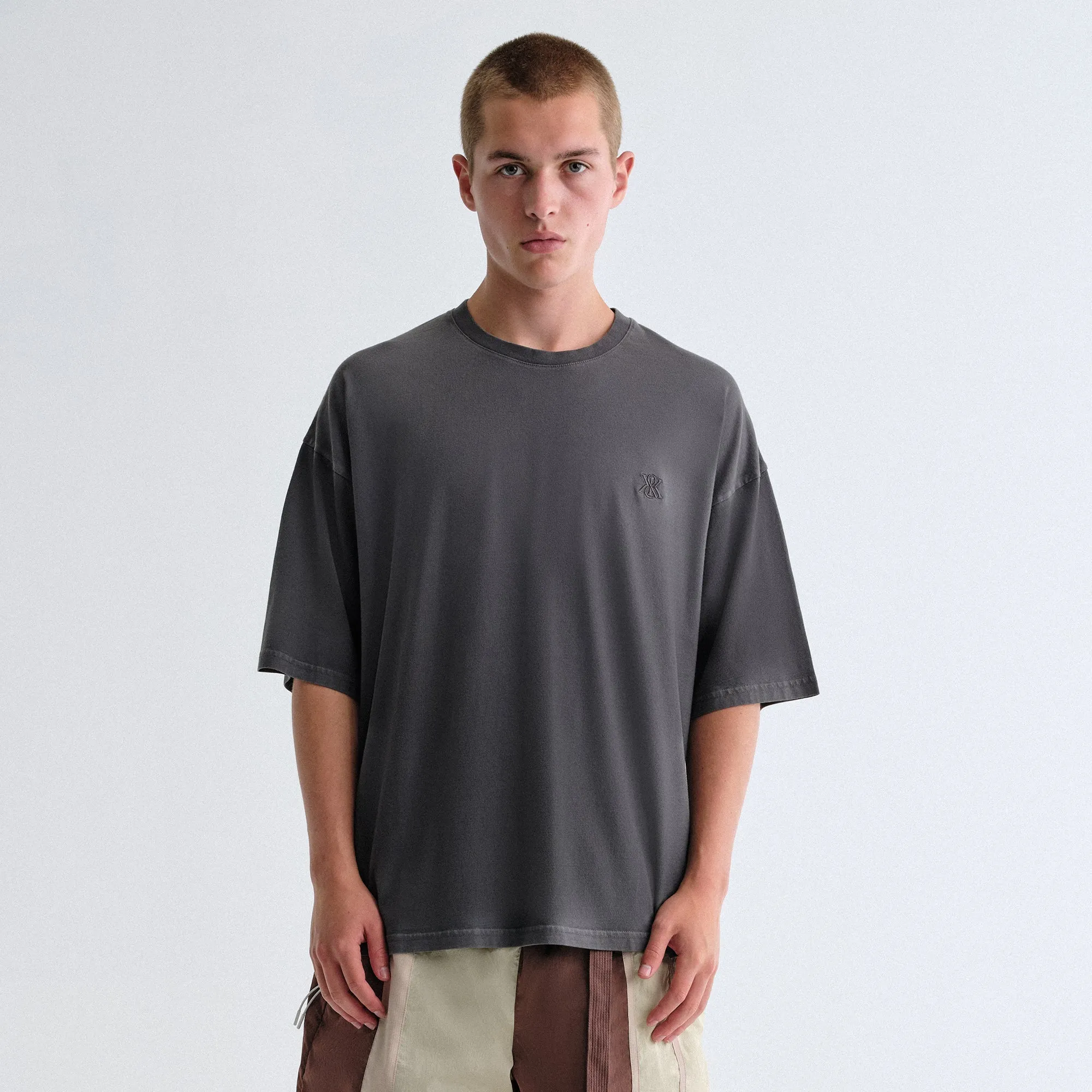 Relaxing Fit No Slip Shoulder Design Kith Sueded Jersey Bishop Tee - Hematite