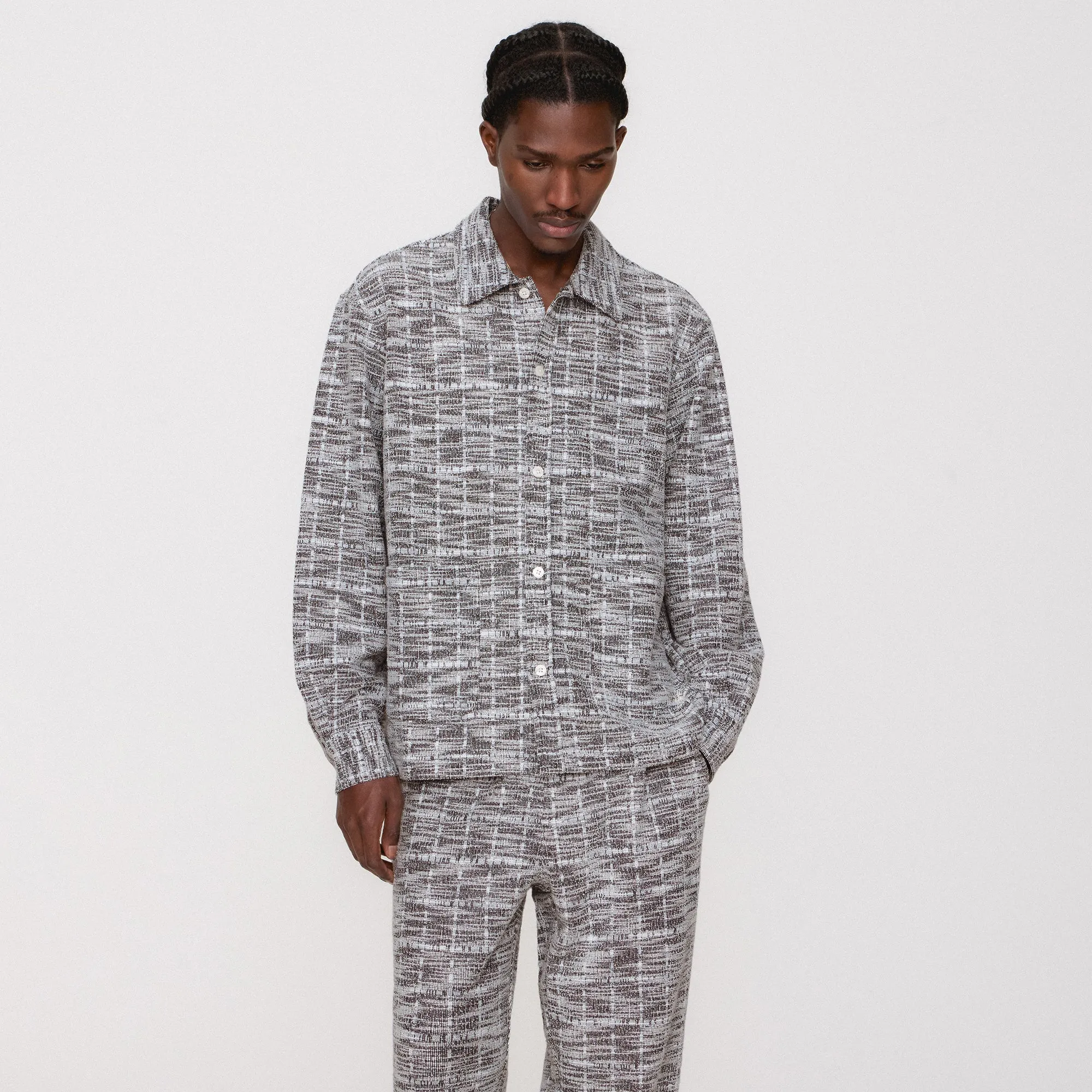 Durable Buttons Embroidered Logo Kith Tweed Long Sleeve Boxy Collared Overshirt - Nocturnal