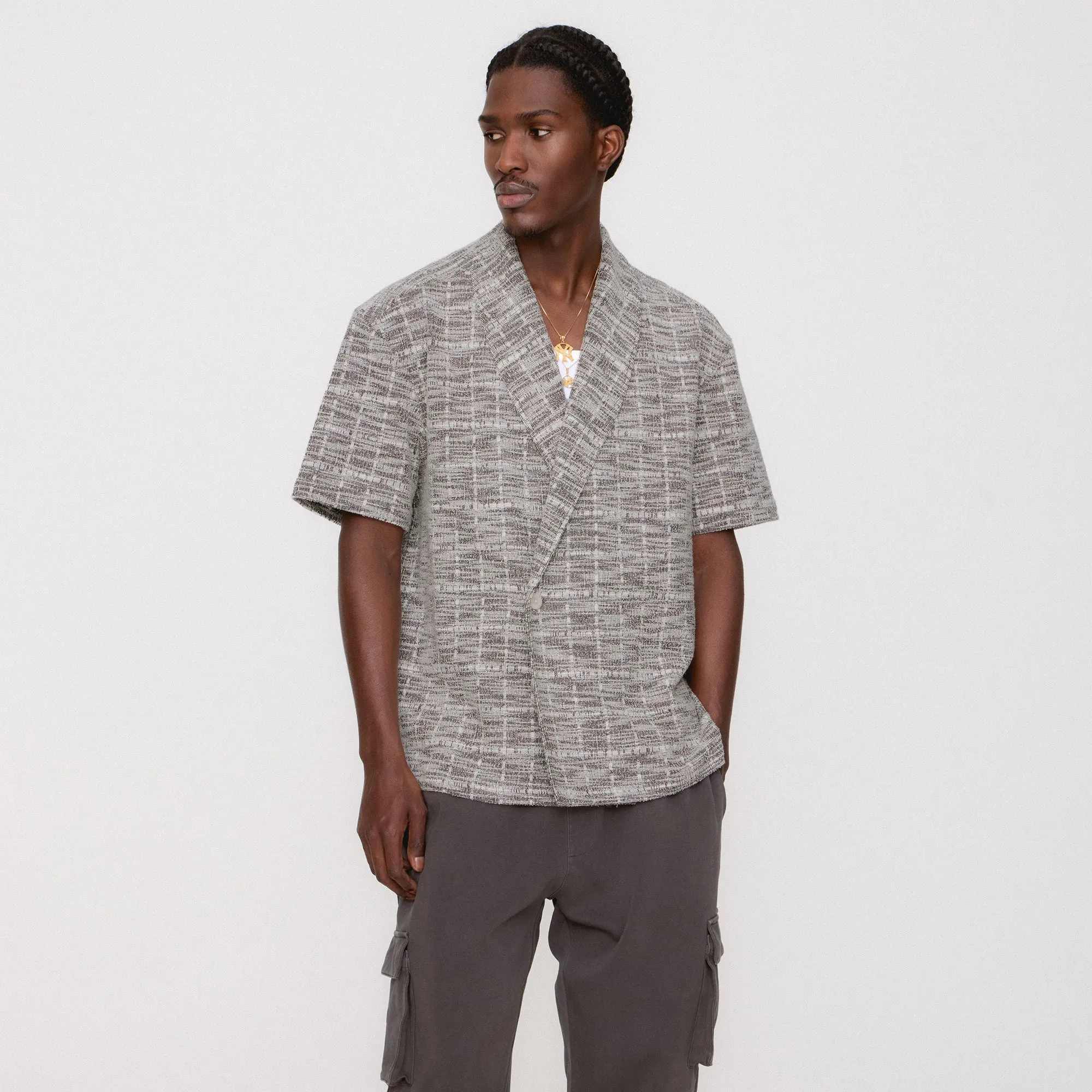 Monochrome Style Kith Tweed Short Sleeve Thompson Crossover Shirt - Kindling