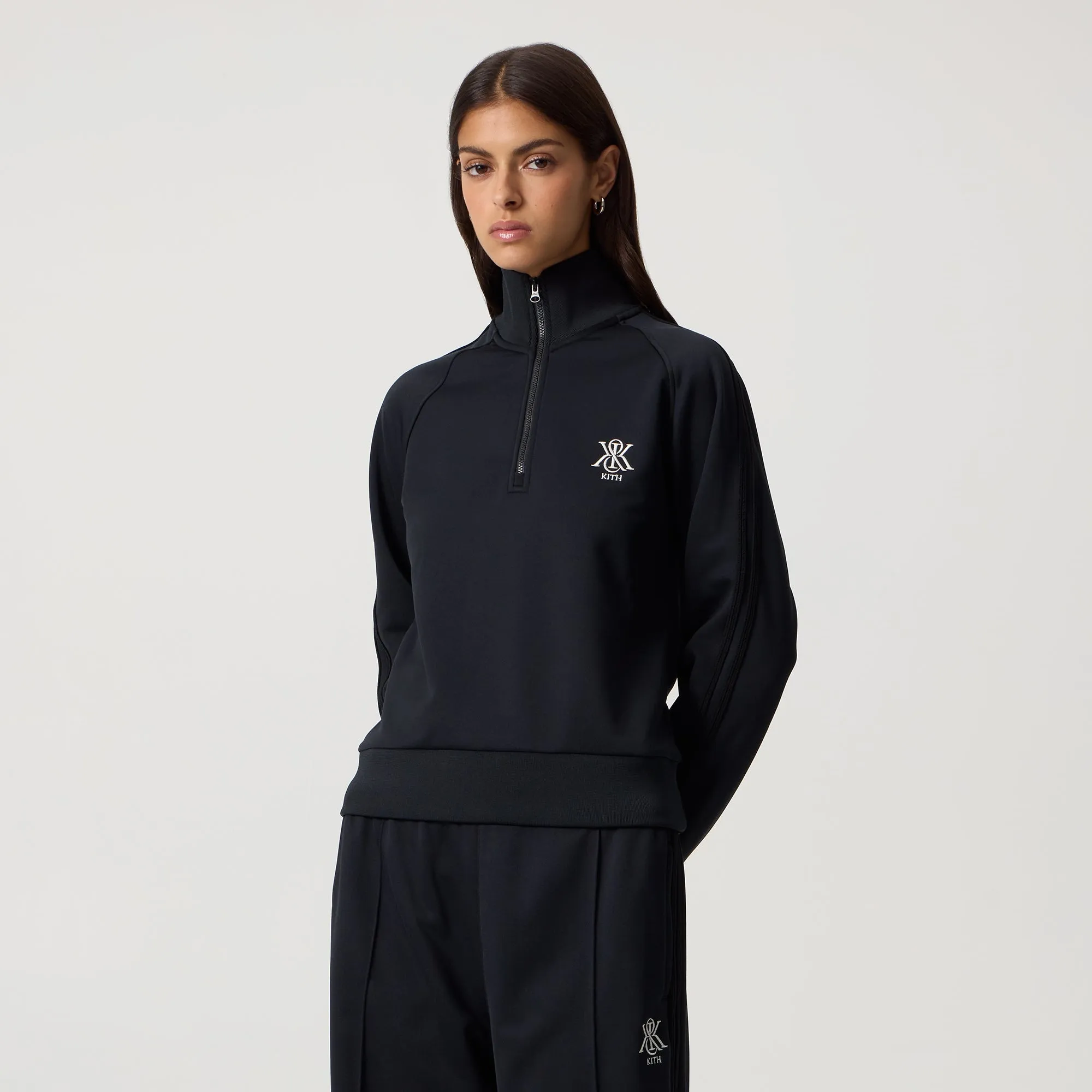 Logo Emblem Checkered Kith Women Everly Tricot Track Quarter Zip - Black
