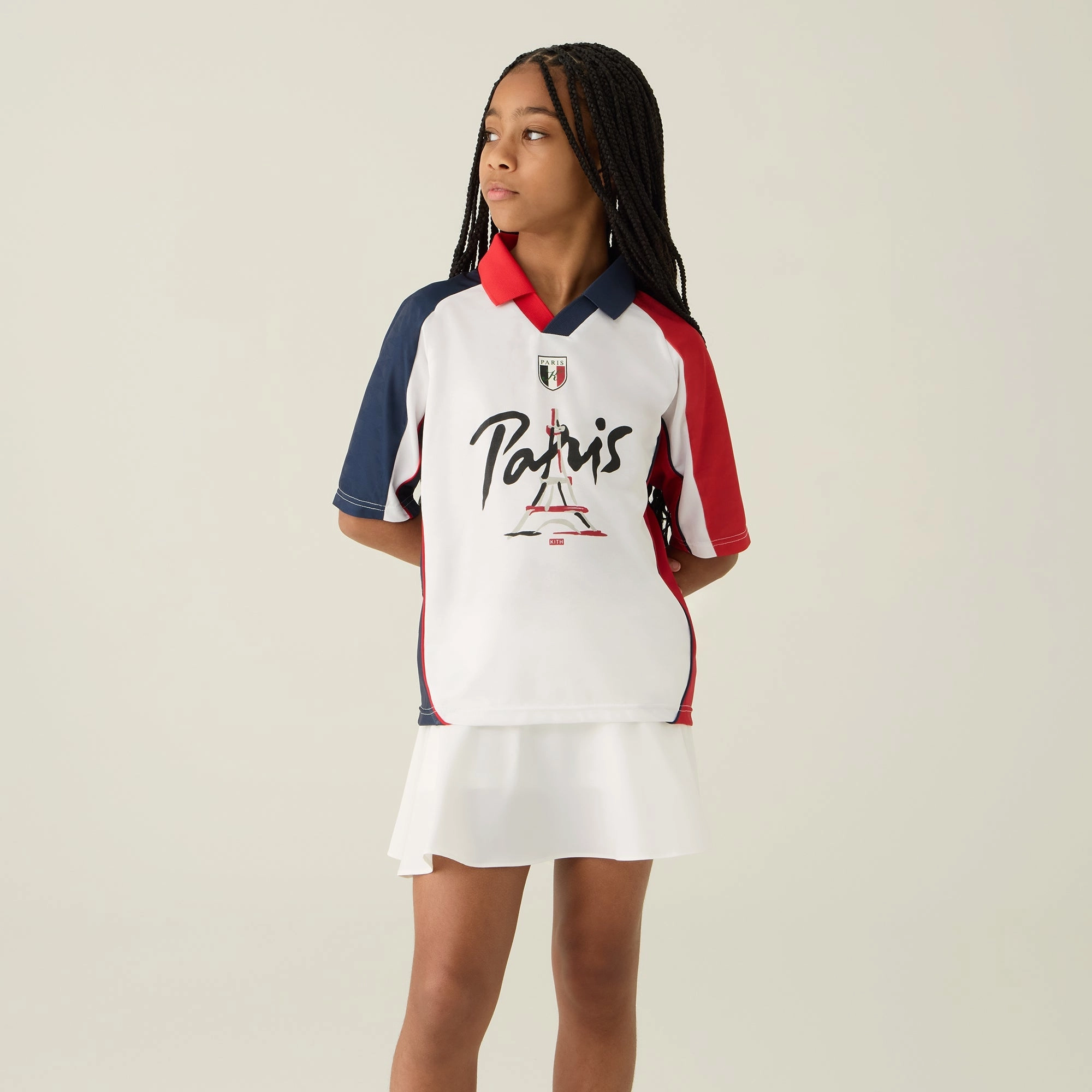 Performance Driven Stretchable Ribbed Collar Kith Kids Paris Soccer Top - White
