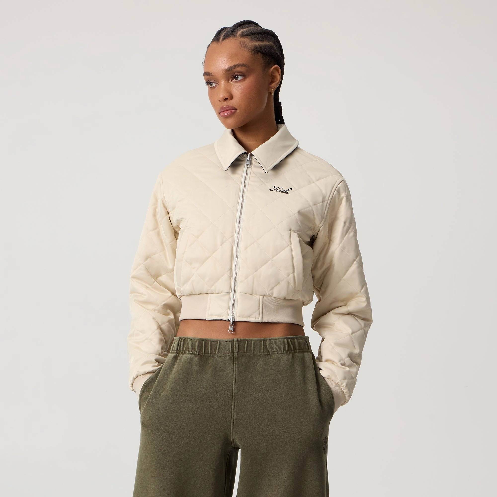 Kith Women Reversible Landry IV Cropped Bomber Jacket - Black Textured Finish Sporty Casual