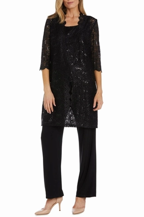 Lace 3/4 Sleeve 3-Piece Pants Set In Black Stretchable Cuffs
