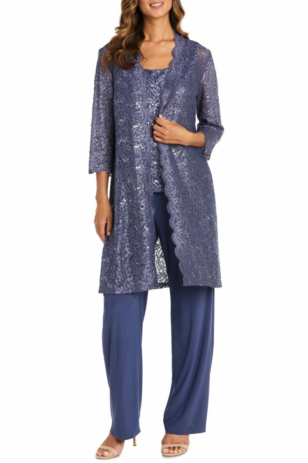 Lace 3/4 Sleeve 3-Piece Pants Set In Cadet Double Stitched Seams