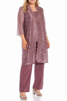 Lace 3/4 Sleeve 3-Piece Pants Set In Dark Rose Drapey Texture Abrasion Resistant Edges
