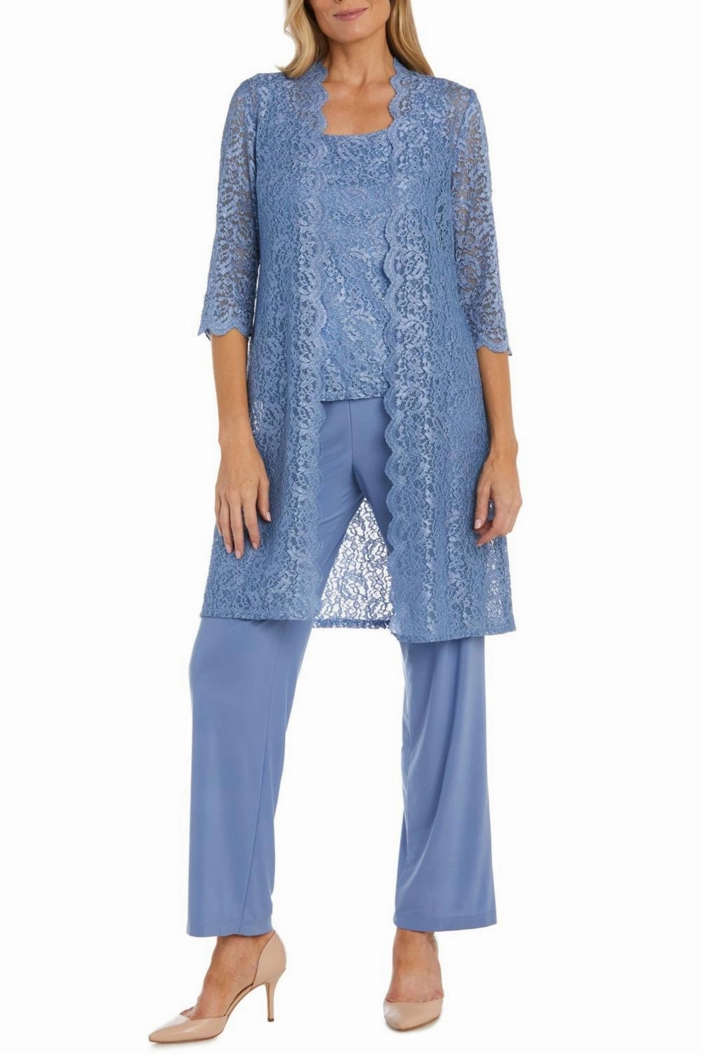 Lace 3/4 Sleeve 3-Piece Pants Set In Dusty Blue Thermal Insulation