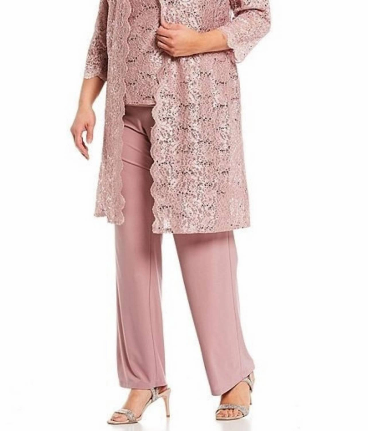 Lace 3/4 Sleeve 3-Piece Pants Set In Mauve NoRoll Waistband Design Wrinkle resistant fabric