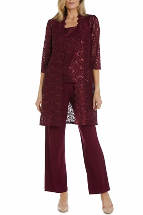 Lace 3/4 Sleeve 3-Piece Pants Set In Merlot Convertible Features French Terry