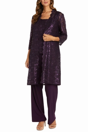 Reinforced Knee Panels All Day Comfort Lace 3/4 Sleeve 3-Piece Pants Set In Plum