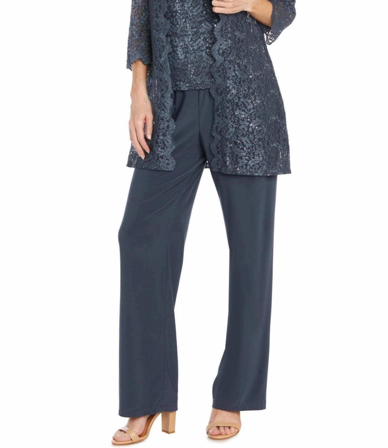 Butterfly Hem Detail fade resistant color Lace 3 Piece Evening Pant Set In Coal