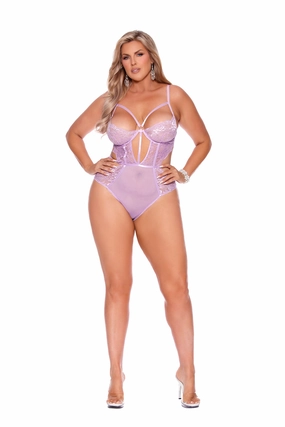 Lace and Mesh Slip-On Teddy with Underwire Cups and Cut-Out Sides Hidden Pocket Detail