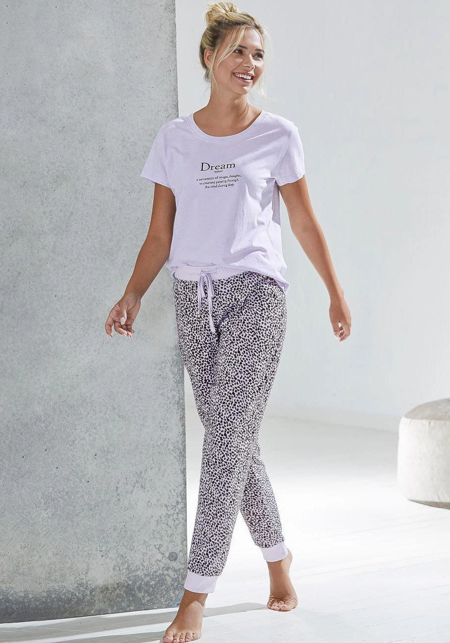 LASCANA Women's Animal Print Pajama Pants Layered Collar