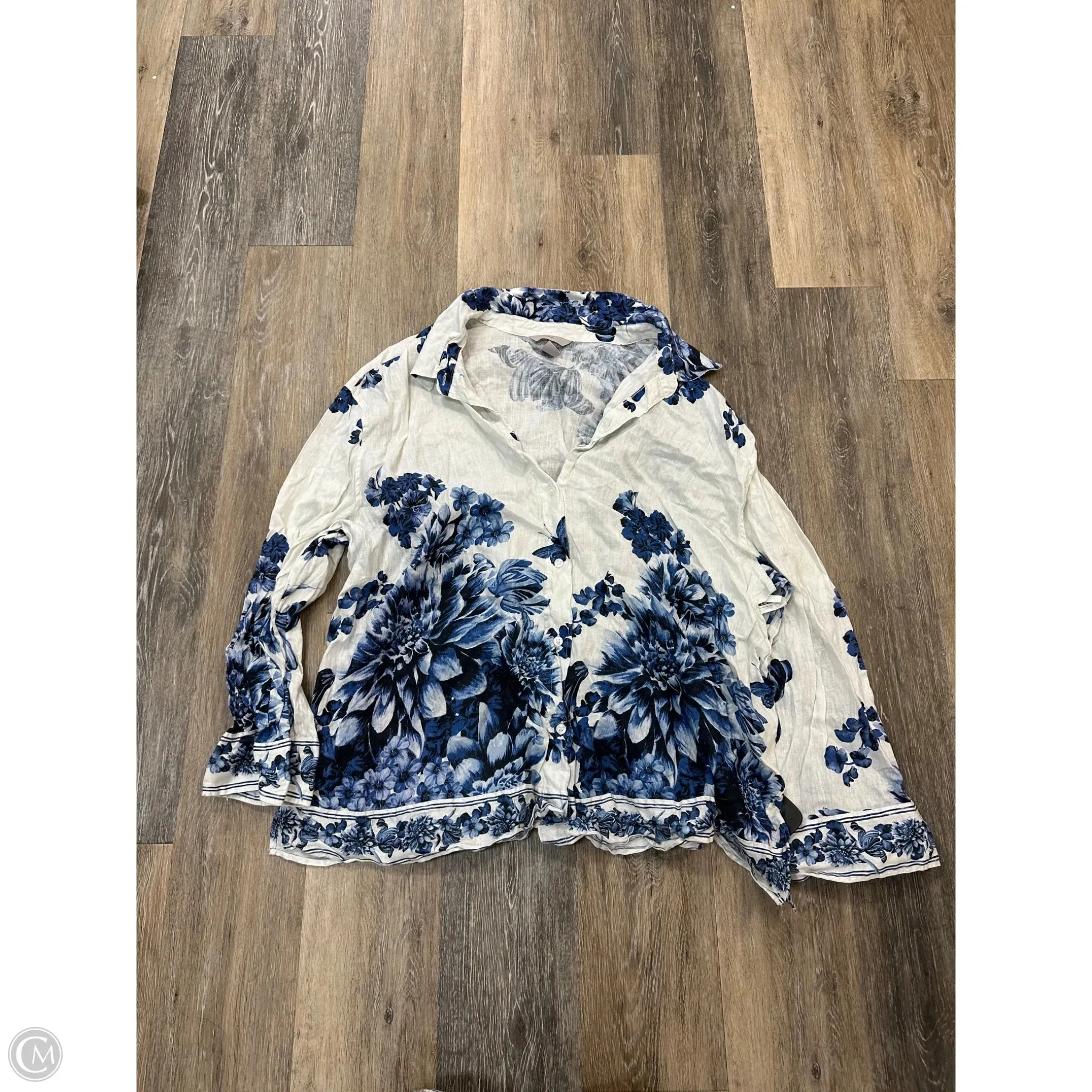 Blouse Long Sleeve By H&m In Blue & White, Size: Xxl RibbedHemline