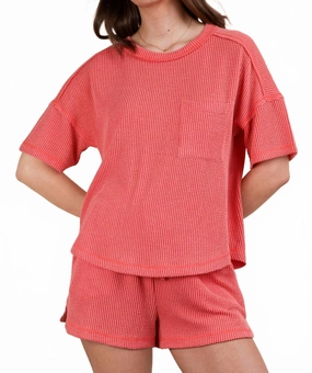 Wrinkle resistant fabric StainResistant Coating Oversized Two Tone Double Knit Top & Shorts In Coral