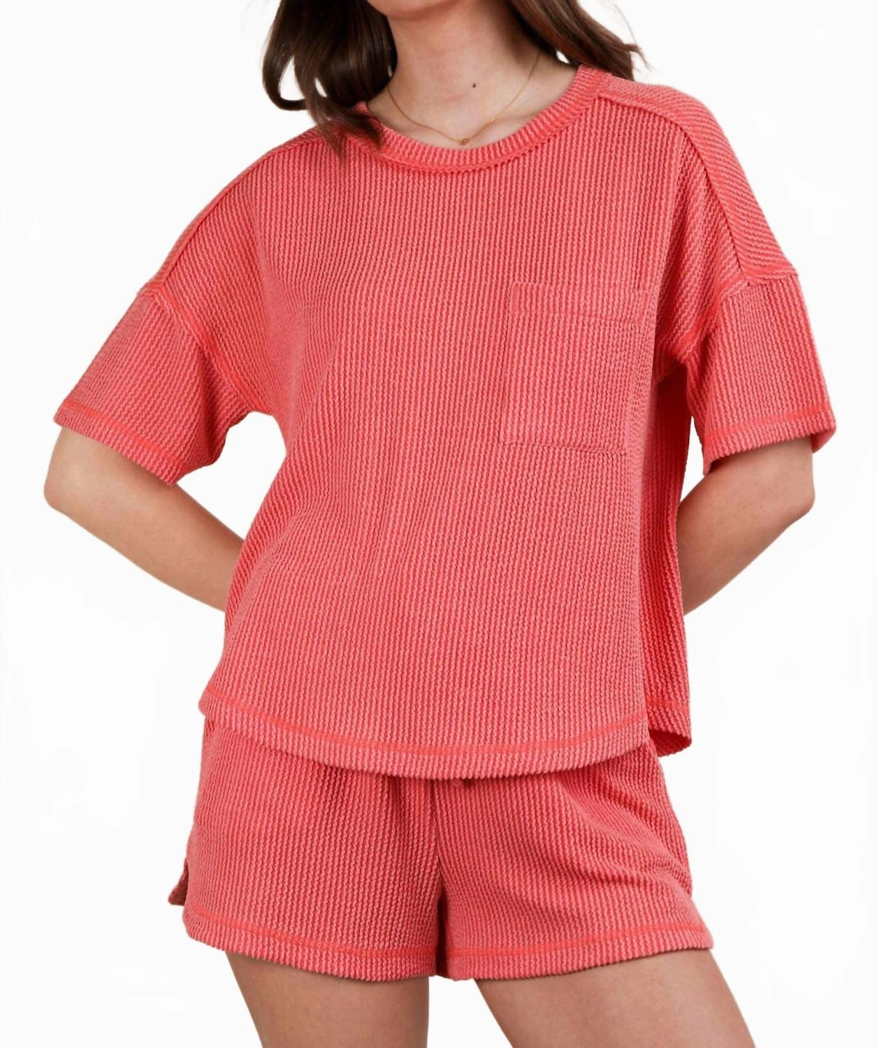 Wrinkle resistant fabric StainResistant Coating Oversized Two Tone Double Knit Top & Shorts In Coral
