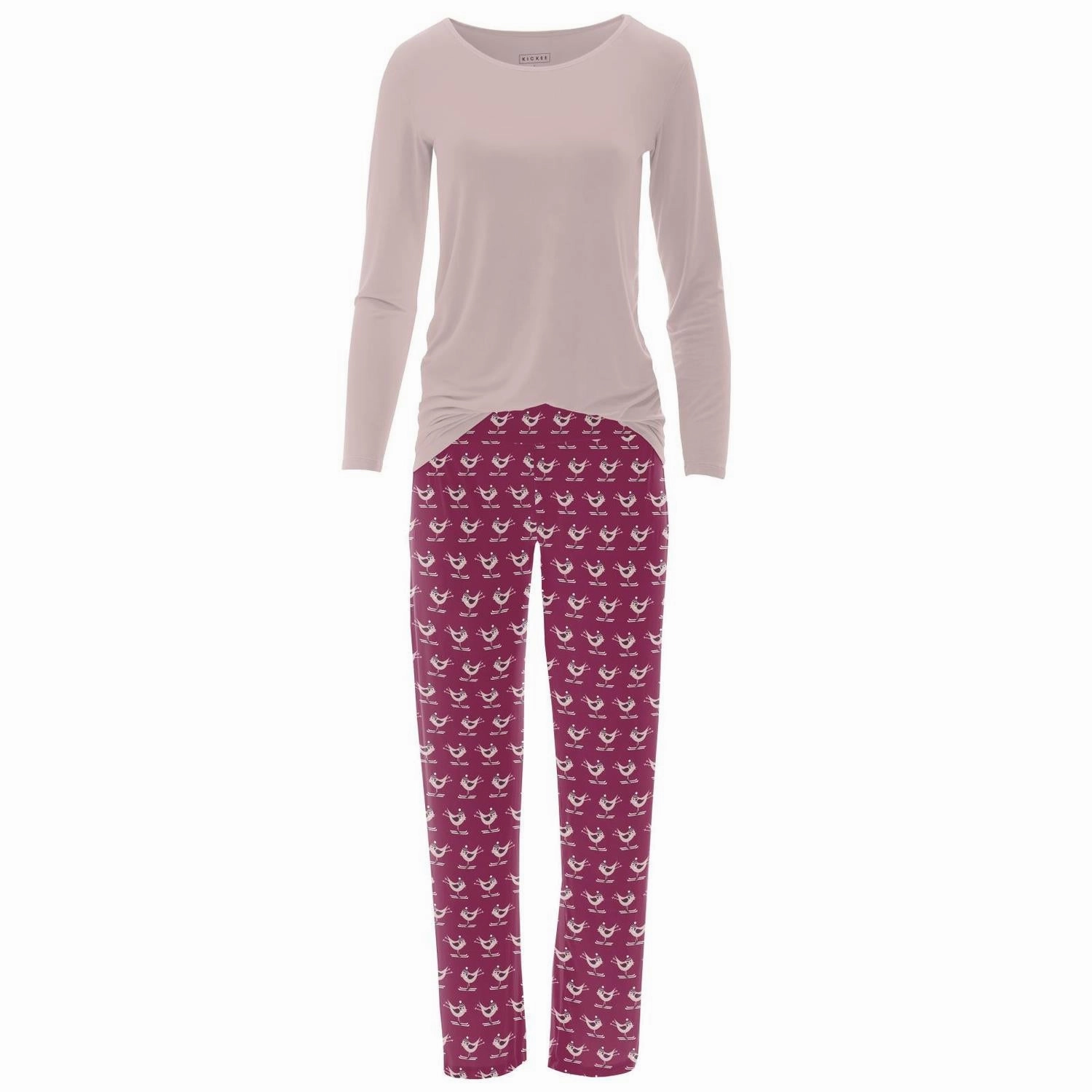 Reinforced Knee Panels Women's Bamboo Print Long Sleeve Loosey Goosey Tee & Pajama Pants Set In Berry Ski Birds