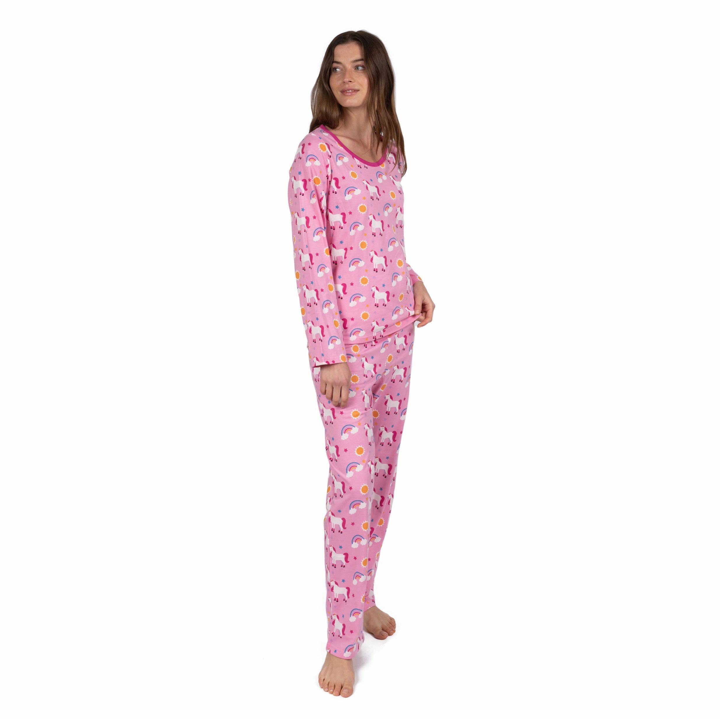 High Elasticity Fabric Lightweight Knit Womens Two Piece Cotton Loose Fit Pajamas Unicorn Rainbow