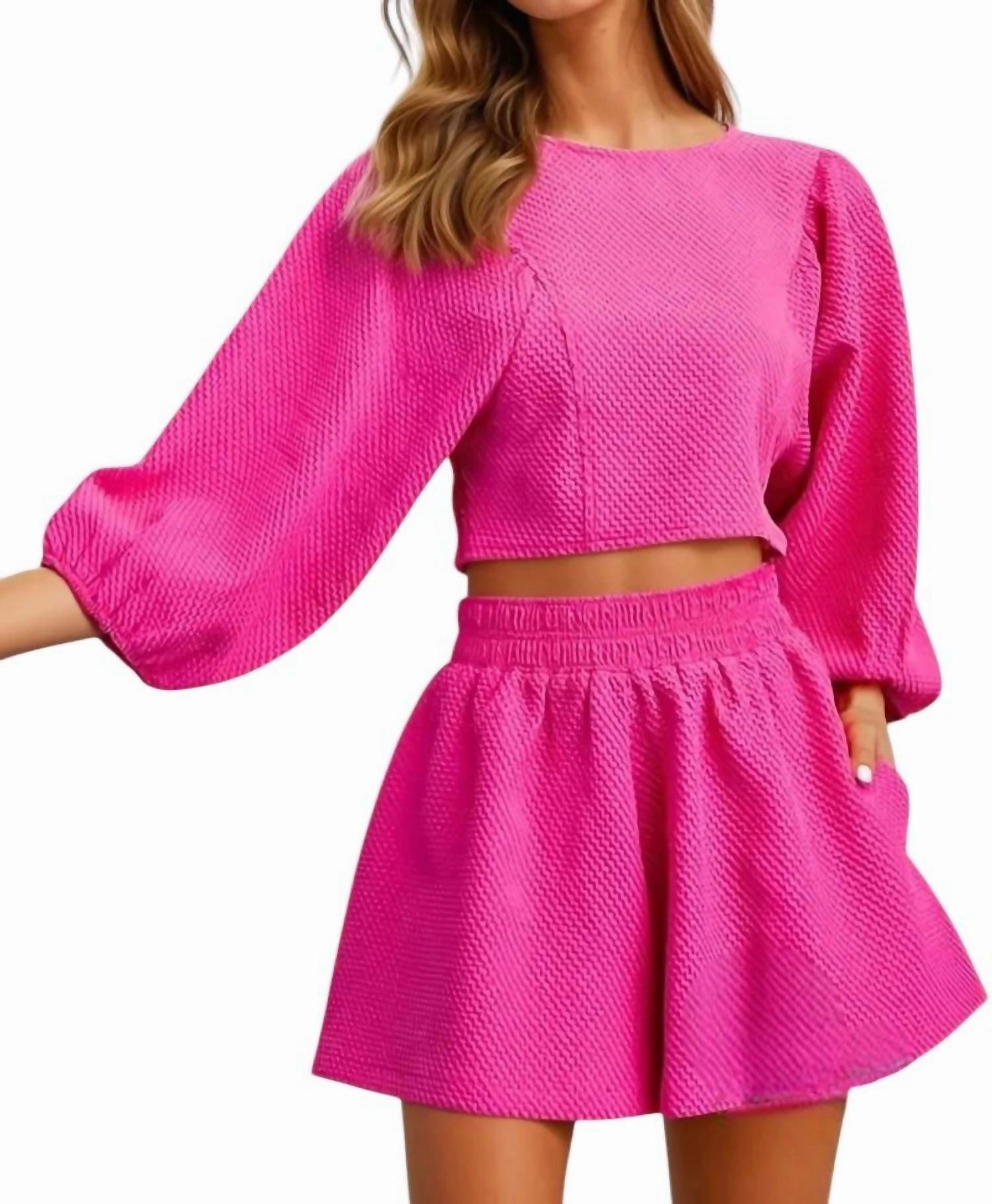 Catalina Round Neckline Balloon Sleeve Top & Short Set In Magenta Breathable Knitwear
