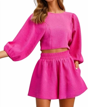 Catalina Round Neckline Balloon Sleeve Top & Short Set In Magenta Flexible Waistband