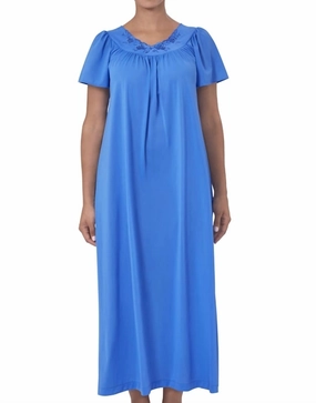 Durable Reinforced Edging Plush Brushed Interior Flower Petal Embroidery And Flutter Sleeves Long Nightgown In Sapphire