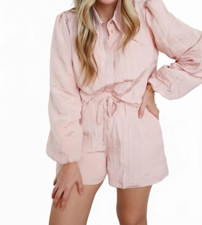 Sarah Blush Textured Woven Top & Shorts Set In Pink French Terry