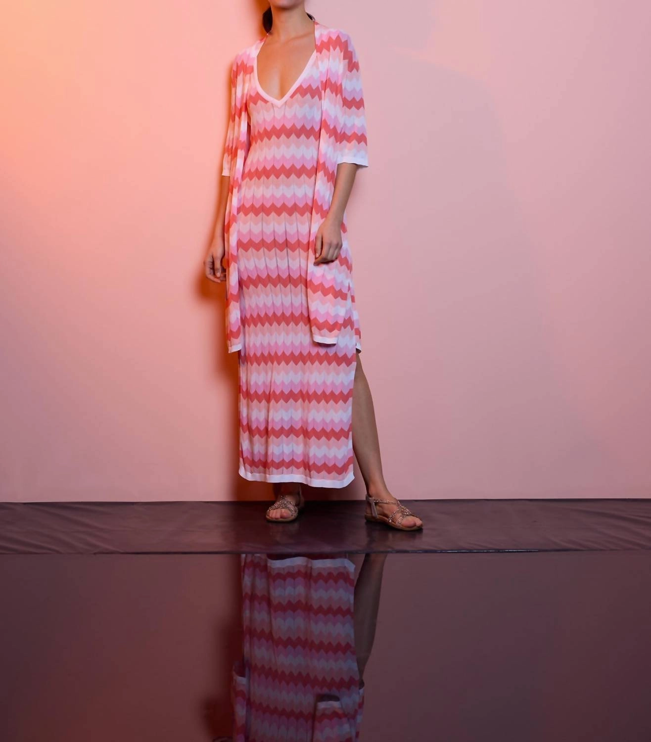 Evora Duster In Pink Multi Stretch Material Wrinkle Resistant Finish