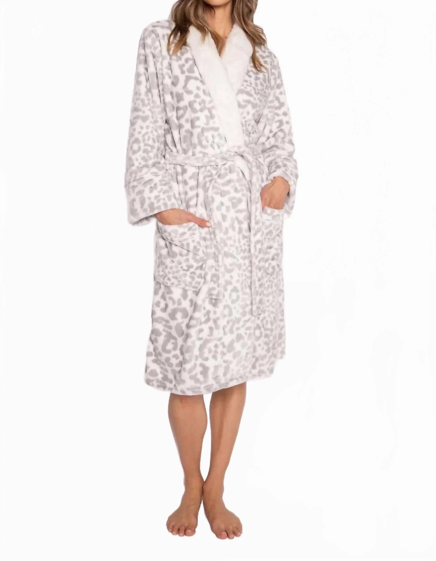 Leopard Print Plush Robe In Ivory Tear Resistant Material Versatile Layering