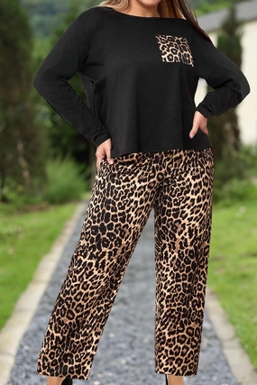 Butterfly Hem Detail Leopard Top And Pants Set In Black